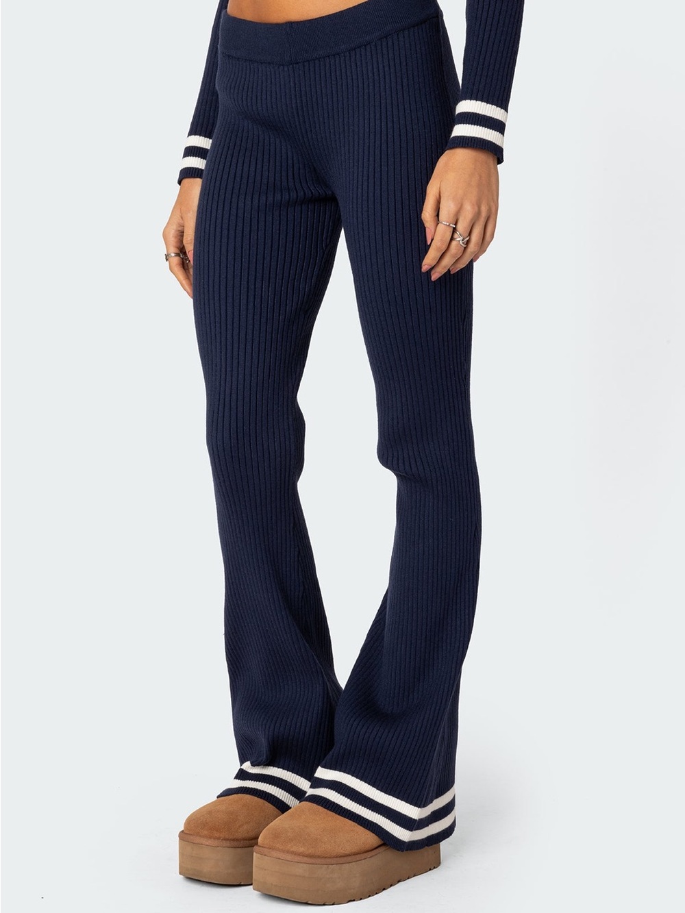 Edikted Navy Blue Ribbed Knit Flared Lounge Pants M Sporty Chic Y2K Coquette